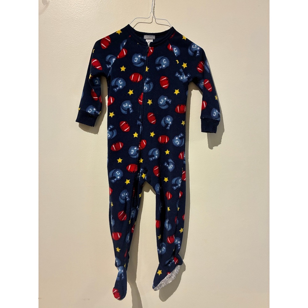 Carters 2000s Toddler 3T Football Fleece Footed Pajamas Navy Blue